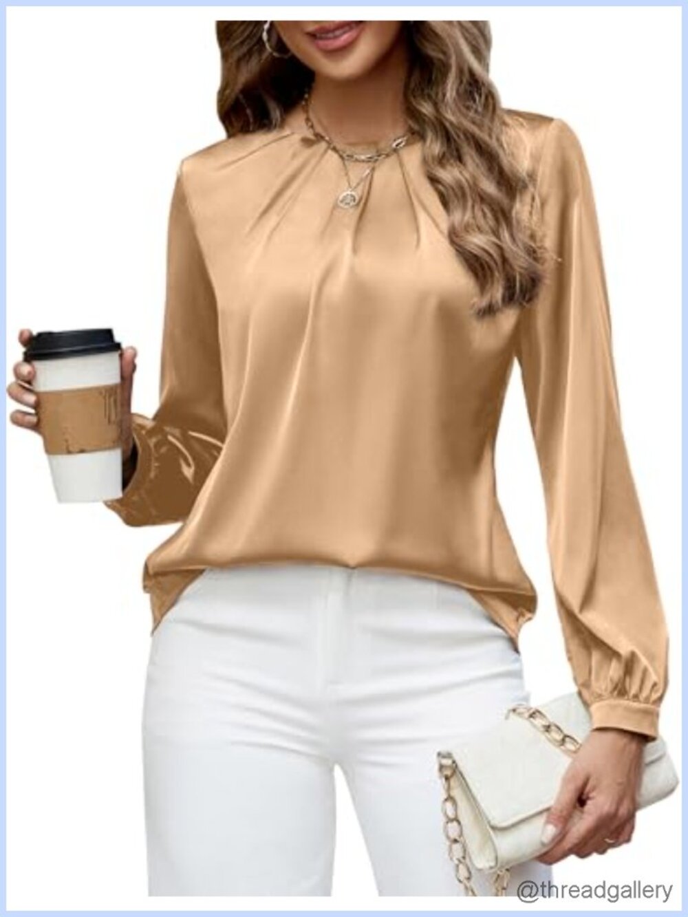 Satin Silk Pleated Long Sleeve Crew Neck Blouse Business Casual Work Top